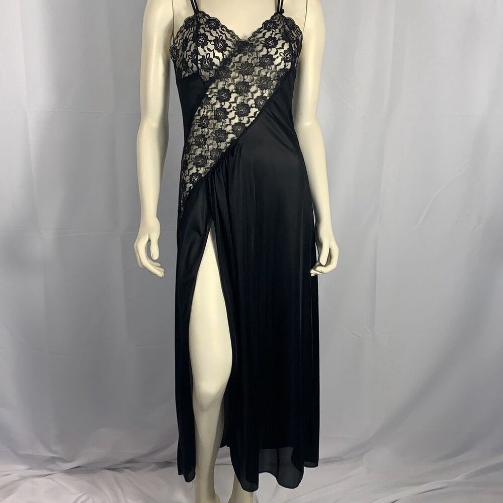 Vintage 70's Black Lingerie Slip Dress Maxi Long Dress High Slit See through Wai